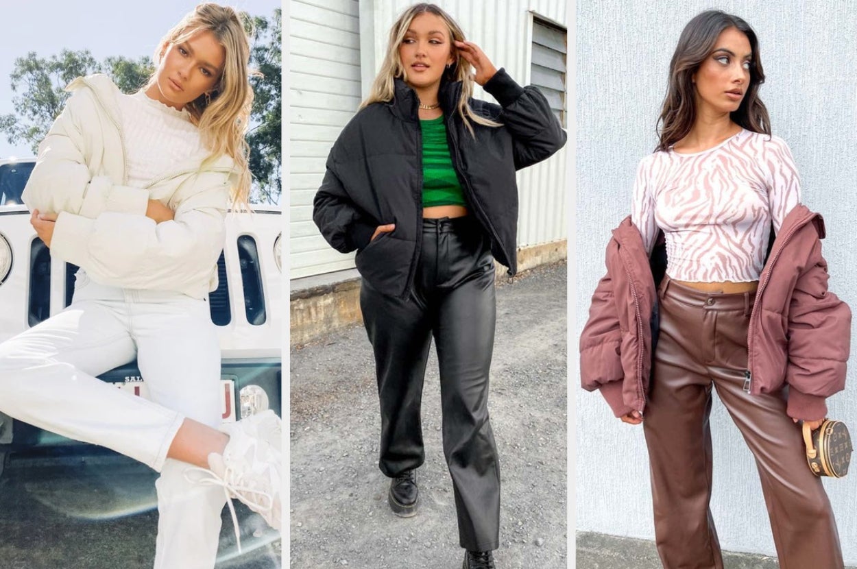 three images of models wearing puffer jackets