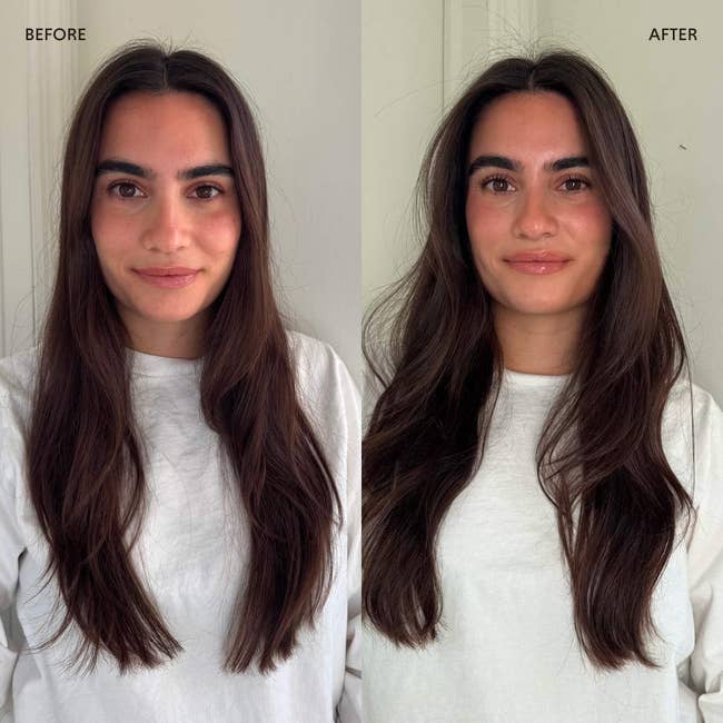 Side-by-side comparison of a model's hair before and after styling, showing a significant volume increase and smooth finish