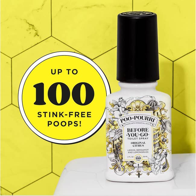 Poo-Pourri toilet spray bottle on a bathroom counter with