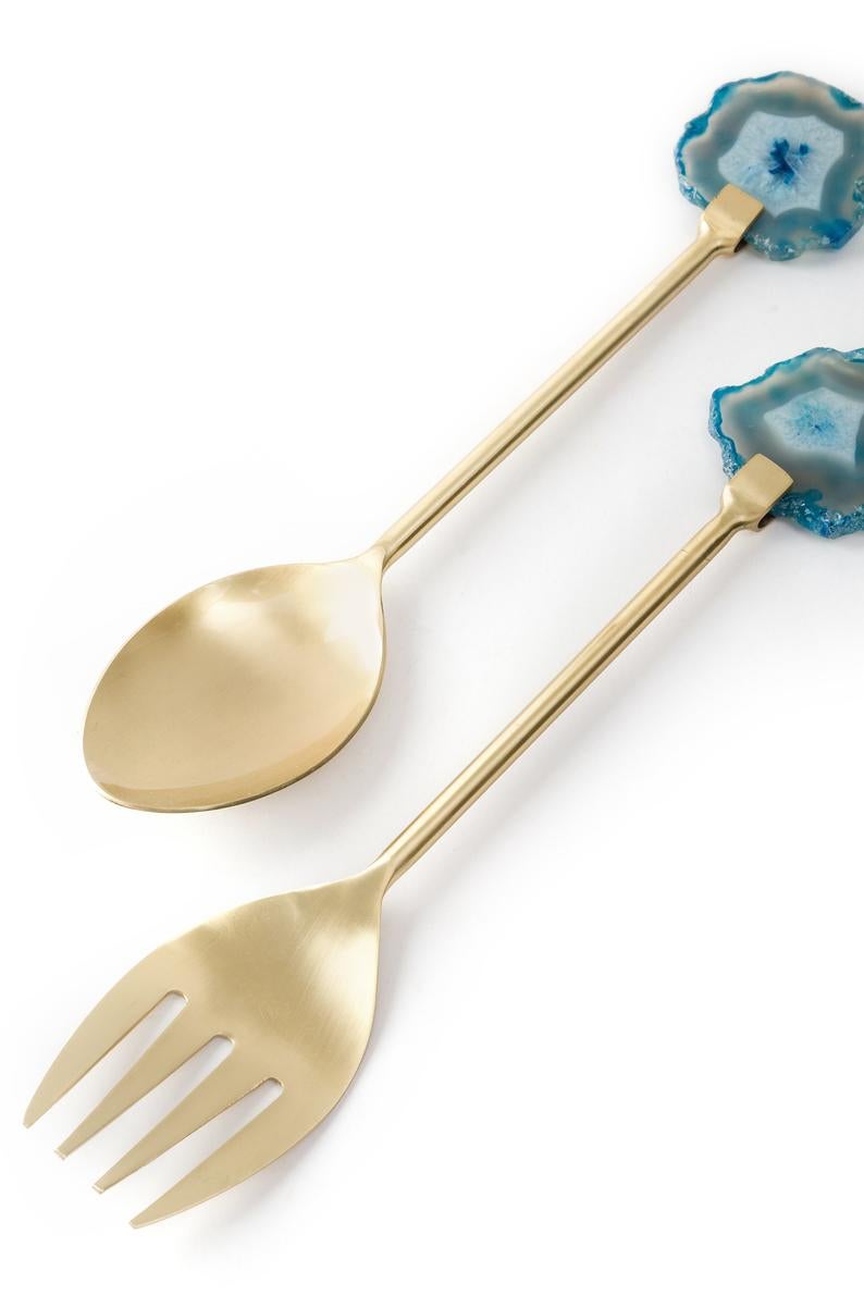 the large gold serving fork and spoon with agate slices on the ends of the handles
