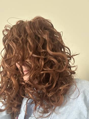 Person wearing a garment  with long, curly hairsbreadth  covering their face