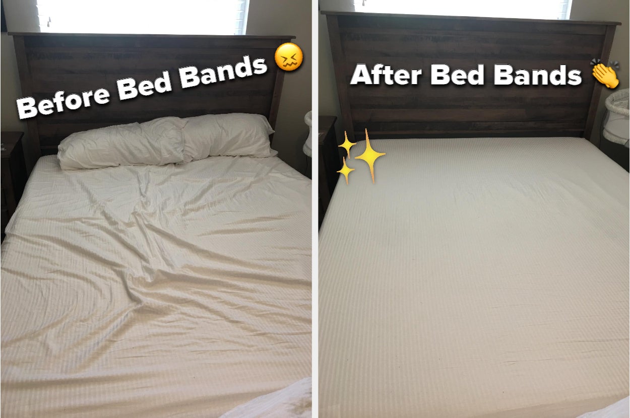 before and after of a reviewer's bed with messy sheets then their perfectly fitted sheets after using the bed bands