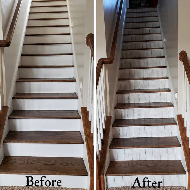 a reviewer's staircase with and without the wallpaper applied to the sides