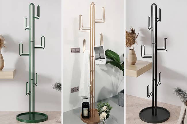 Three images of green, gold, and black cactus-shaped racks