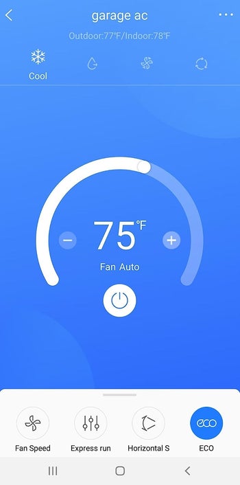 app screenshot showing reviewer's garage AC set at 75