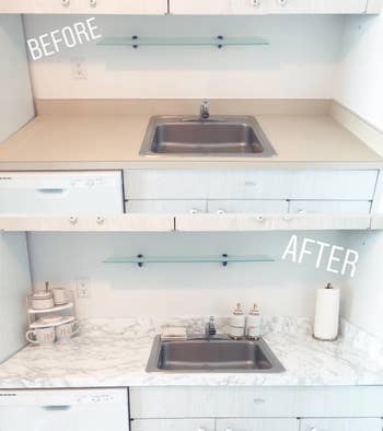 Before and after photos of a kitchen sink area with the marble film applied