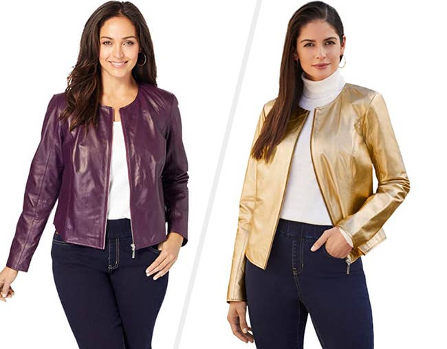 Two images of models wearing purple and gold jackets