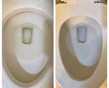 left: reviewer before photo of toilet bow with orange stains / right: after photo of bowl clean after using strips