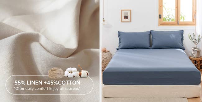 Two images of beige and blue bed sheets