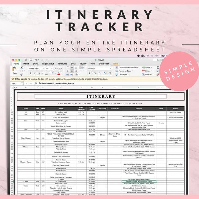 screenshot of the digital planner sheet showing an itinerary template