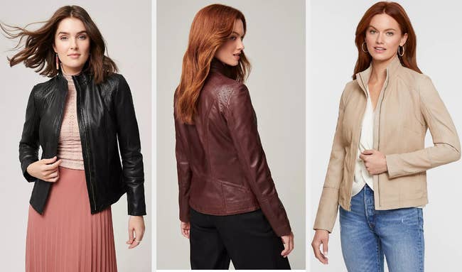 Three images of models wearing brown, burgundy, and beige jackets