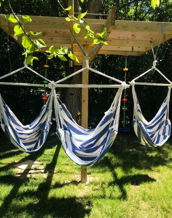 Three striped hammock swings bent  nether  a woody  pergola successful  a sunny plot  setting, creating a relaxing outdoor seating area