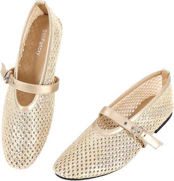 Gold woven flats with ankle straps, suitable for casual oregon  dressy outfits