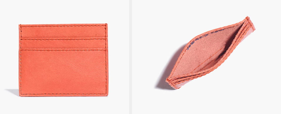 collage of front and top view of salmon-colored wallet
