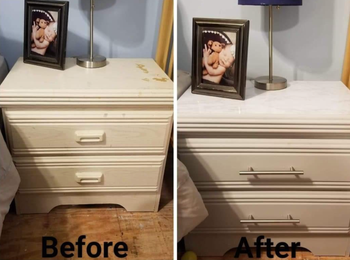 reviewer before and after photo of marble surface cover on a nightstand