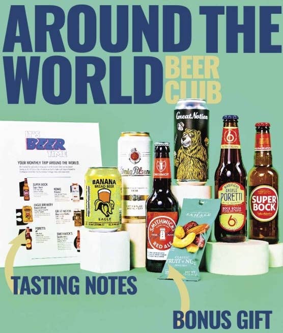 Around the World Beer Club package with various beer bottles and cans, plus tasting notes and bonus gift