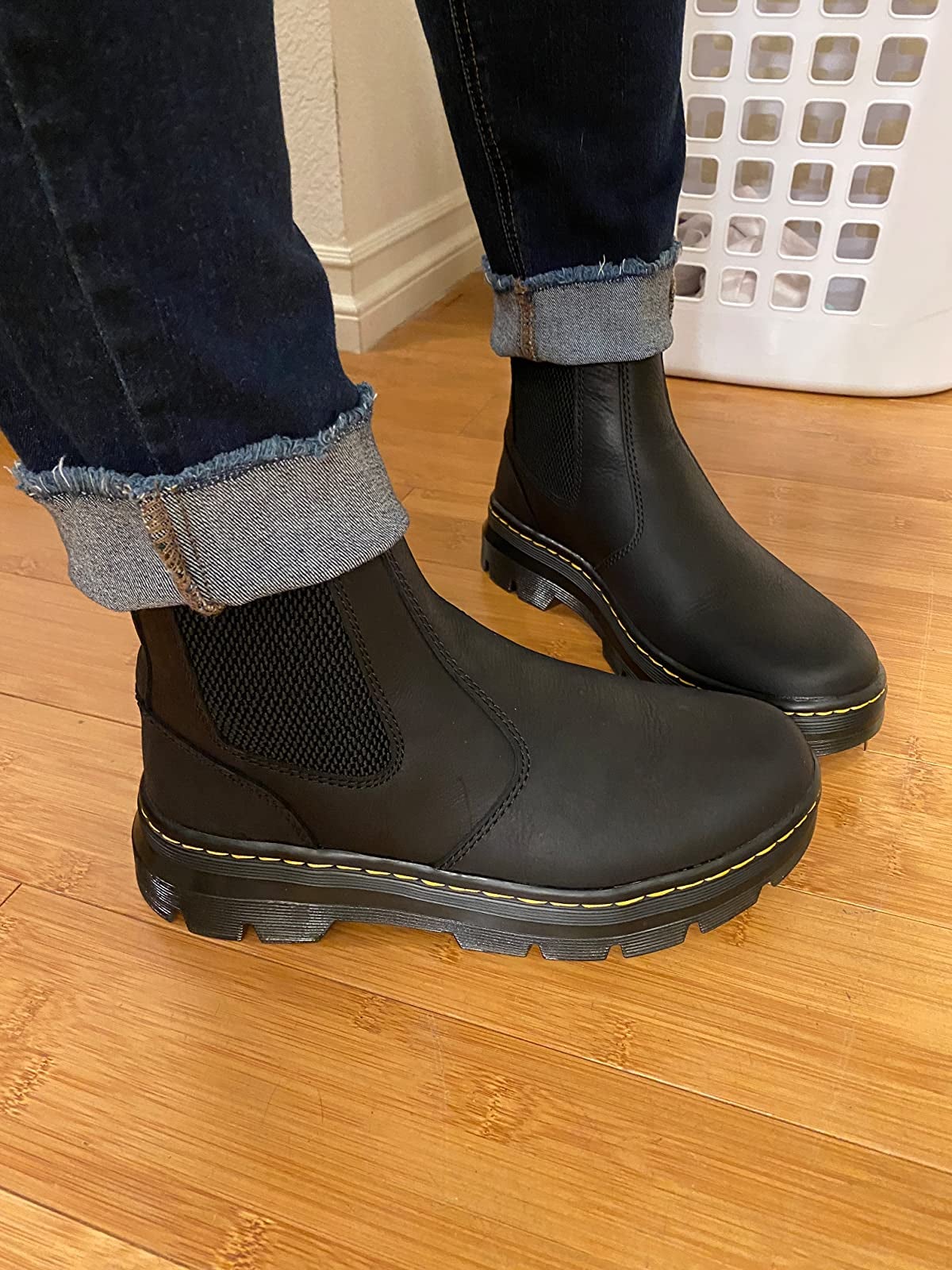 close up image of the black wyoming chelsea boots on a reviewer's feet