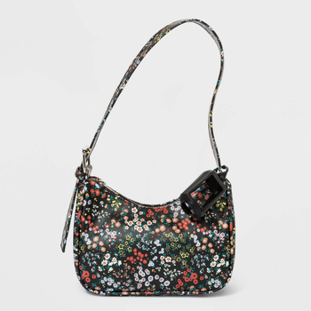 black and colorful floral baguette-style bag