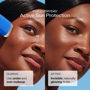 Close-up of a pistillate   applying sunscreen stick, showing earlier  and aft  effects for a earthy  glow and prima   protection. Text highlights constitution  compatibility