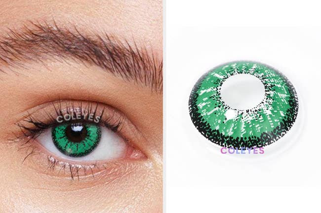 Close up of model wearing vibrant green colored contact, product sitting on a white background
