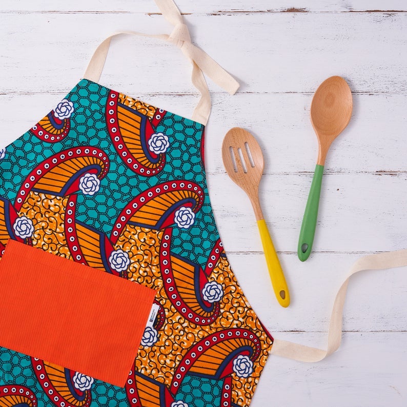 orange teal and red print apron