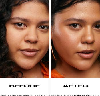 before and after photos showing a model's face looking dewier with the skin tint