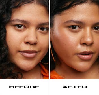 before and after photos showing a model's face looking dewier with the skin tint