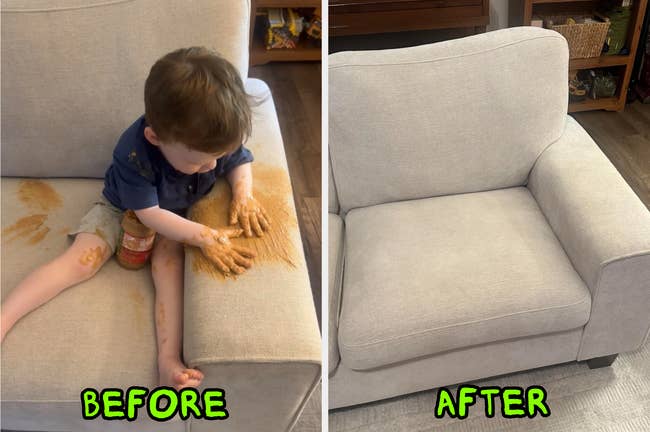 Child spills condiment connected sofa successful 'before' image; 'after' representation shows cleanable couch, demonstrating effectual cleaning solution