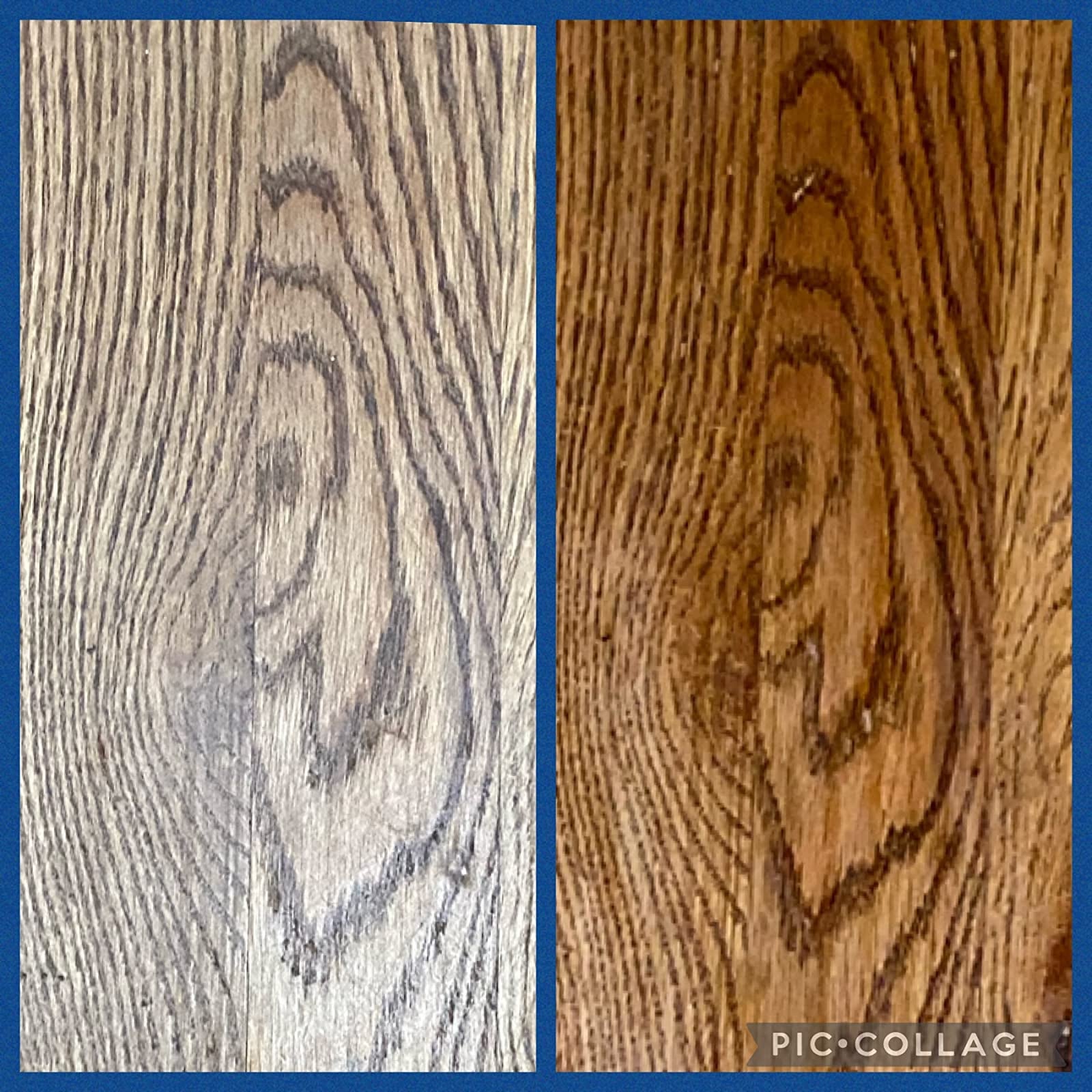 a reviewer photo of faded wood on the left, and the same patch of wooden looking darker and shinier 