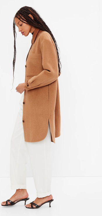 A model wearing a brown shacket