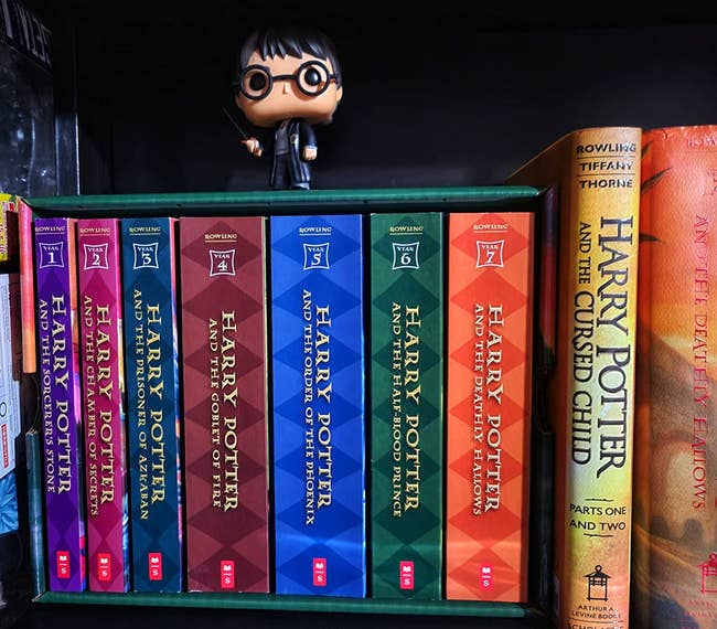 reviewers case of seven Harry Potter books with a Harry Potter toy on top of the case