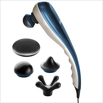 a blue and white handheld massager with four detachable heads
