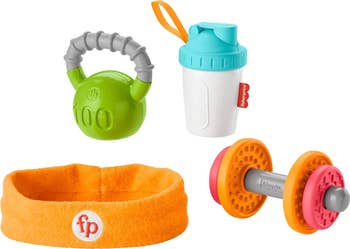 Assorted baby toys including a kettlebell, bottle, dumbbell, and headband with Fisher-Price logo