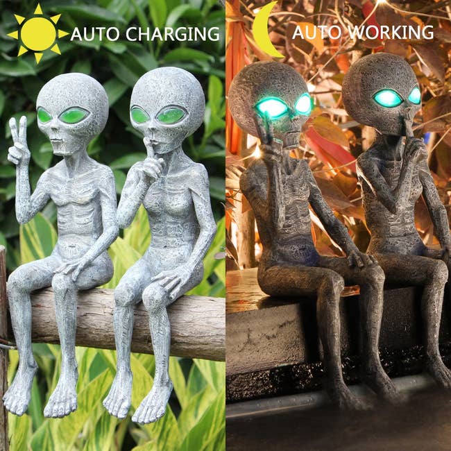 Two stone aliens sitting on wooden post outside, products outside at night with glowing green eyes