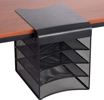 four-tier under-desk organizer placed on desk