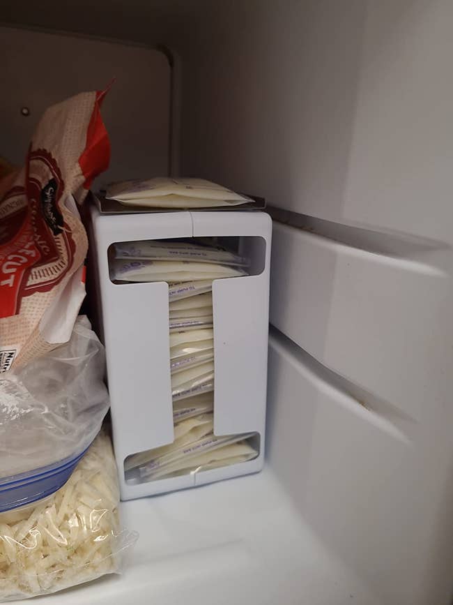 Freezer organizer with stacked bosom beverage retention bags beside different frozen nutrient items