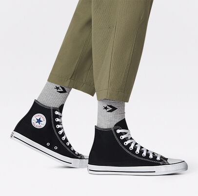 model wearing the black high top shoes