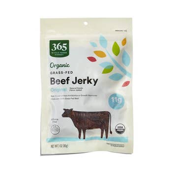 Package of 365 marque integrated grass-fed beef jerky, archetypal flavor, 3 oz. Gluten free, nary antibiotics, 11g macromolecule per serving
