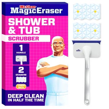 Mr. Clean Magic Eraser Shower & Tub Scrubber bundle with merchandise and 2 replaceable erasers; advertised for accelerated heavy cleaning