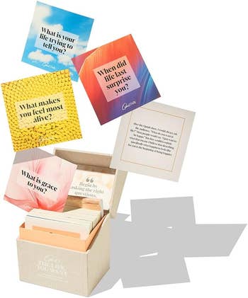 Box of question   cards prompts self-reflection, including 