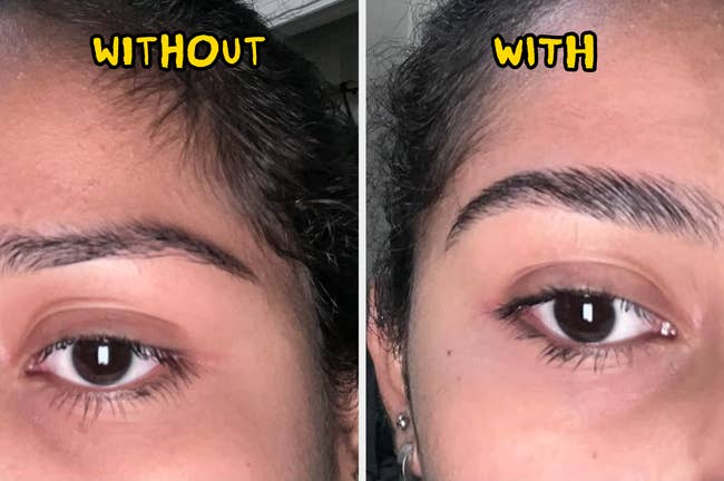Comparison of reviewer's eyebrows without and with brow gel; near shows earthy eyebrow, close shows fuller, defined eyebrow