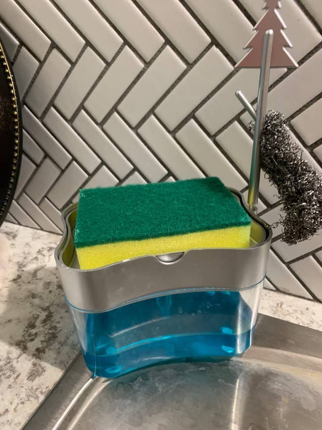 Soap-dispensing sponge caddy with sponge placed on the top and soap at the bottom 
