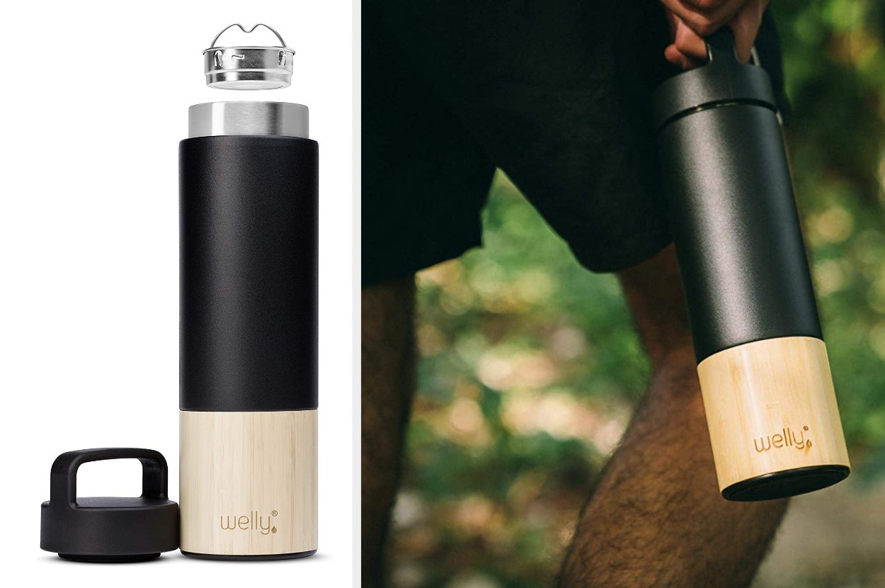 Split images of black water bottle with bamboo base