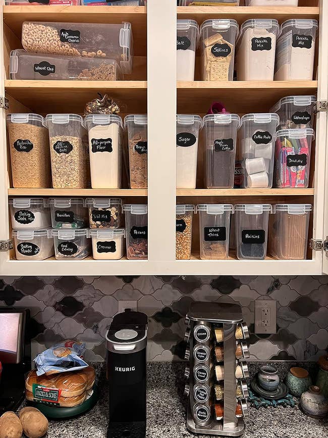 reviewer photo showing the food storage containers neatly labeled and arranged in their pantry 