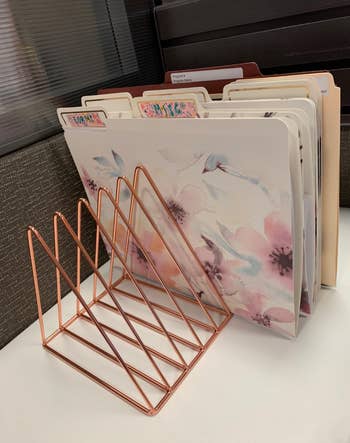 rose gold slotted wire organizer holding pink file folders 