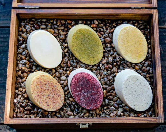 six lotion bars in a box of beans