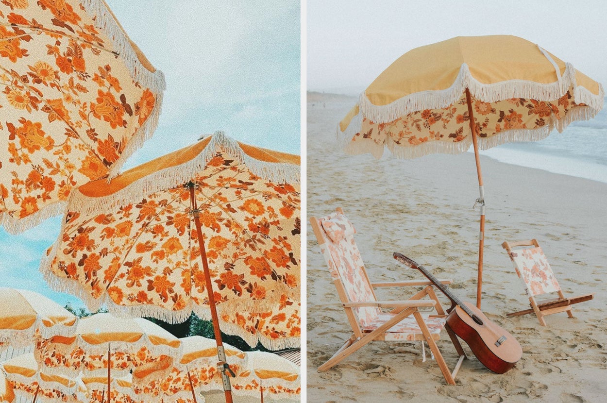 Two images of the orange and yellow umbrella