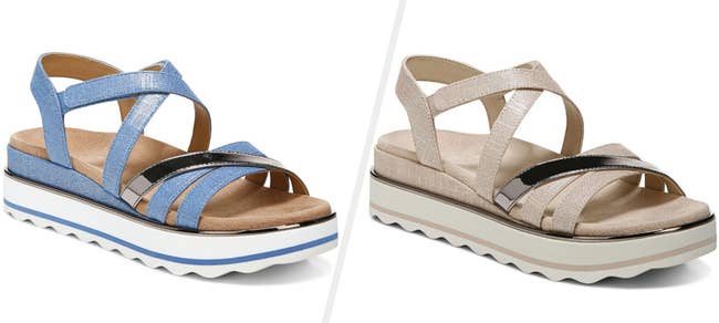 Two images of blue and beige sandals