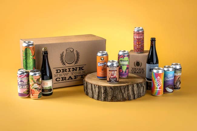Assorted craft beer cans and bottles from New York on display with a