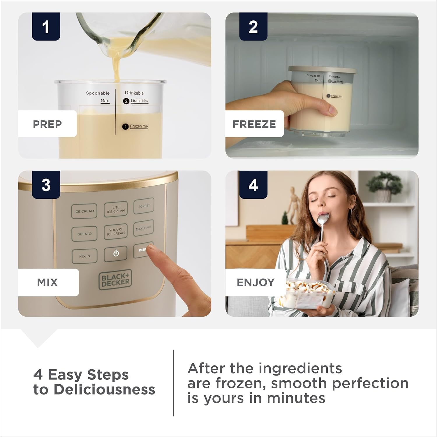  1. Pour premix  into cup. 2. Freeze. 3. Use mixer. 4. Enjoy dessert. Image shows a pistillate   savoring the last  product